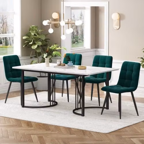 Conjunto de mesa de comedor OKWISH con 4 sillas de terciopelo verde oscuro, mesa rectangular de tablero blanco y patas de metal negro, An: 140 cm, P: 80 cm, Al: 75 cm