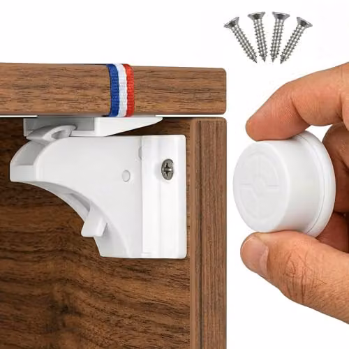 Pack de 10 cerraduras magnéticas invisibles BenjiPower en color blanco para seguridad infantil, incluye 2 llaves y opción de instalación sin taladro para armarios, puertas y cajones