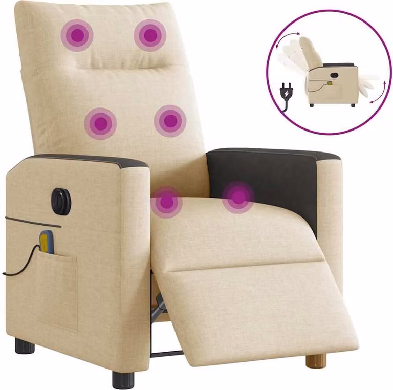 Sillón reclinable de masaje eléctrico Syfax en tela color beige y negro para salón