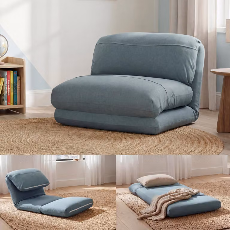 Sillón reclinable y plegable Mendler HWC-E68 tapizado en tela color gris-azul con estructura de metal