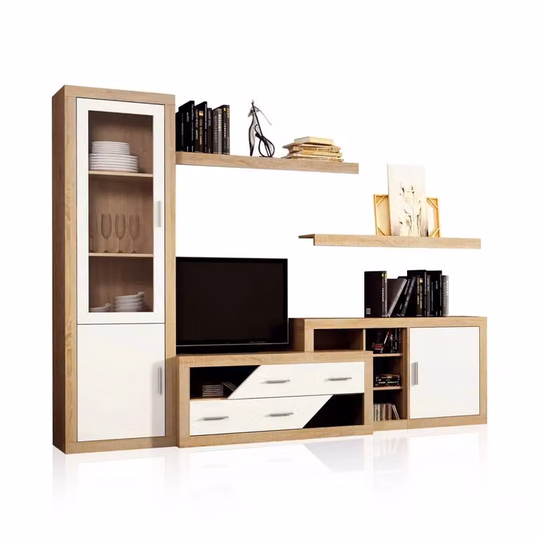 Salón modular Nuka V6 de Duehome en blanco y marrón con vitrina, estantes y cajones, An/P/Al: 280 x 41,4 x 193,2 cm