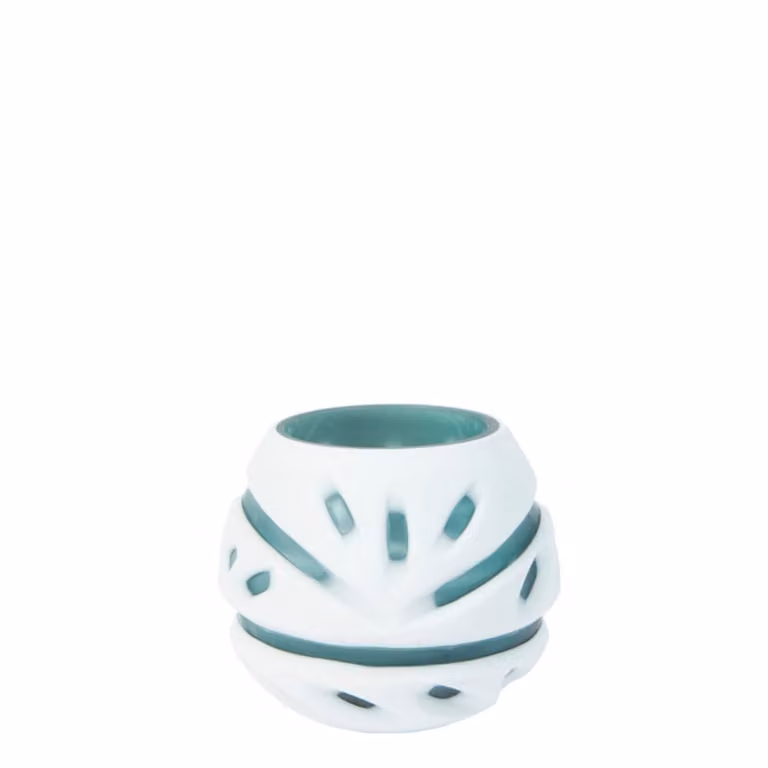 Portavelas decorativo de vidrio soplado Sia Deco para tealight en azul y blanco, Altura: 9 cm