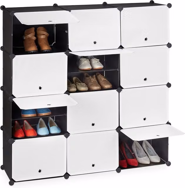 Mueble zapatero modular Relaxdays con puertas, capacidad para 48 pares, de plástico y metal, blanco y negro, An/P/Al: 125 x 125 x 32 cm