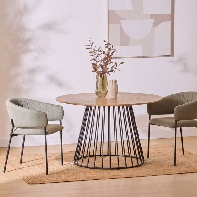 Mesa de comedor Rayo de Atmosphera en madera de fresno color beige y marrón, diseño moderno de forma cuadrada con columna central y altura ajustable, An/An/Al: 120 x 120 x 75 cm