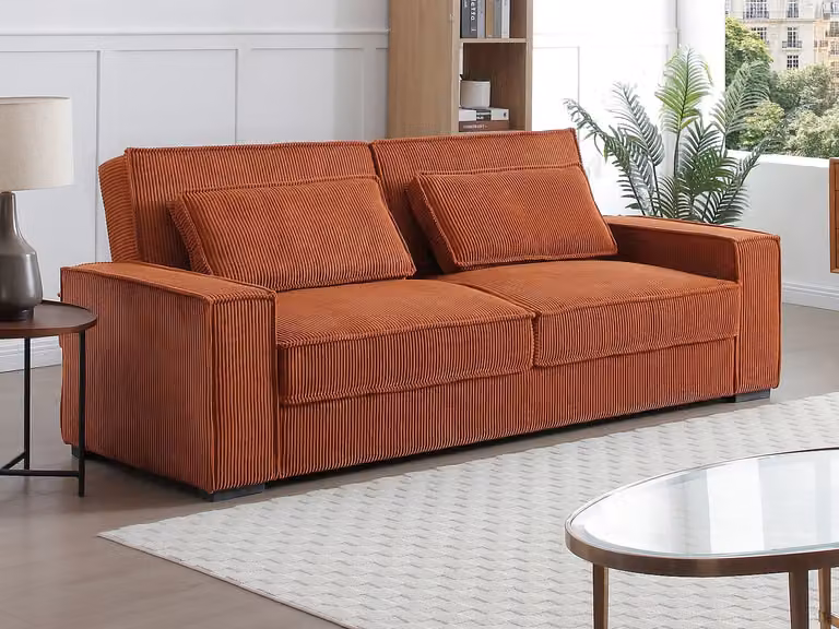 Sofá cama de 3 plazas VENTE-UNIQUE en pana color terracota con estructura de madera sólida y sistema click-clack