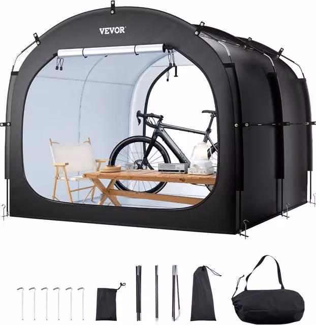 Cobertizo para 5 bicicletas Vevor en color negro con carpa impermeable de tela Oxford, estructura de fibra de vidrio y ventana ventilada