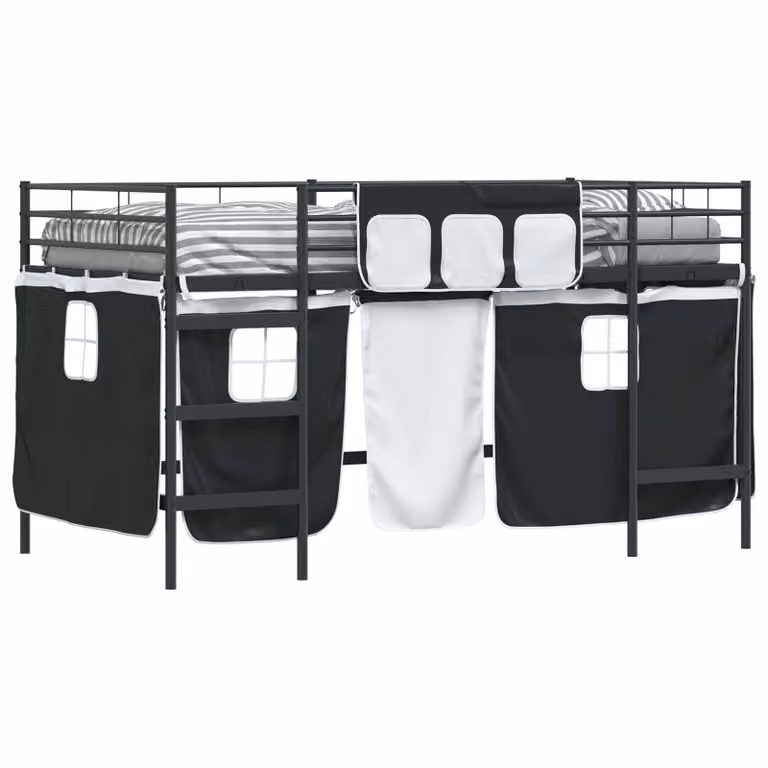 Cama litera elevada para niños vidaXL con cortinas de tela, estructura de metal, color negro, 100 x 200 cm