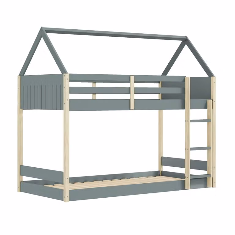 Litera de dos niveles para niños That's Casa con estructura de casa en madera de pino y MDF, disponible en blanco, verde o gris, An: 174 cm, Al: 197 cm