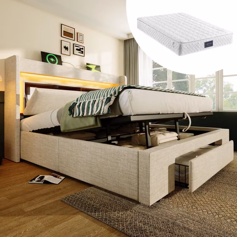 Cama matrimonial tapizada MODFU con almacenamiento, cabecero con compartimentos, iluminación LED, puertos USB y USB-C, somier de láminas y colchón incluido, color beige, 160 x 200 cm