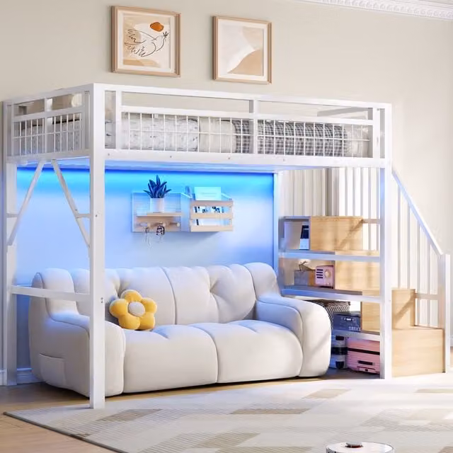 Cama Alta Infantil HAUSS SPOLE con Iluminación LED y Escalera de Almacenamiento, Color Blanco, An/P/Al: 90 x 200 x 160 cm