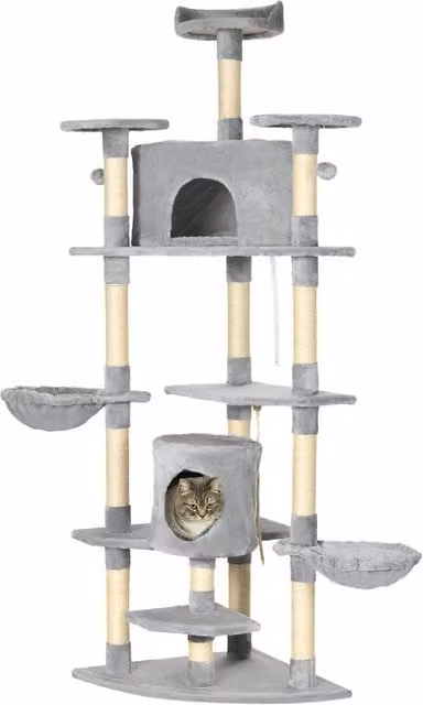 Árbol para gatos NORTHIX con hamacas, cuevas y juguetes integrados, color gris claro, Altura: 200 cm