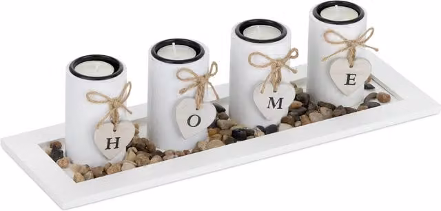 Set de 4 portavelas tealight con bandeja y piedras decorativas Relaxdays, blanco, marrón o negro, Largo: 39,5 cm