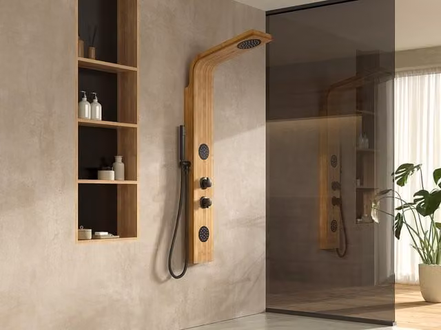 Columna de ducha de bambú con efecto lluvia y masaje Vente-Unique color beige An/P/Al: 53 x 20 x 140 cm