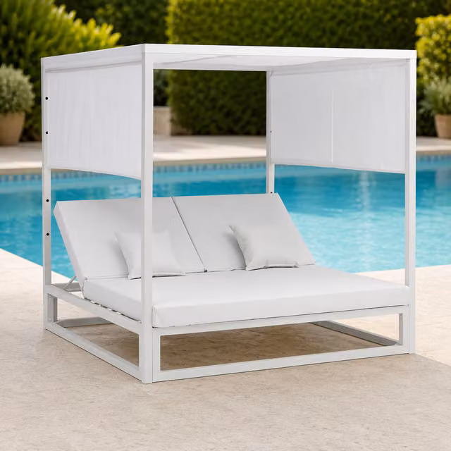 Cama de exterior y jardín PORTMOBEL de aluminio con tejido náutico blanco y dosel ajustable