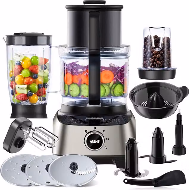 Robot de cocina multifunción Yashe en color plata con batidora, amasadora, picadora, exprimidor, bol de 2,5 l y jarra de batido