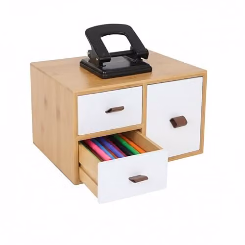 Organizador de escritorio con 3 compartimentos Relaxdays de bambú y plástico en colores blanco y beige, An/P/Al: 25 x 20 x 1 cm