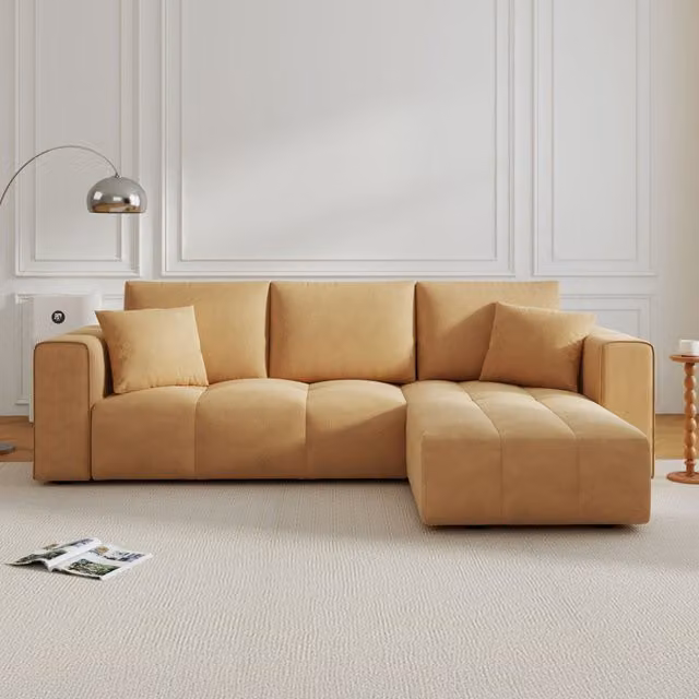Sofá esquinero convertible Brighton de CONCEPT Factory, meridiana reversible de 4 plazas con cofre, tapizado en terciopelo amarillo, An/P/Al: 250 x 146 x 81 cm