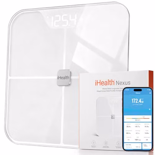 Báscula inteligente de composición corporal iHealth Fit en color blanco con control por aplicación y pantalla digital
