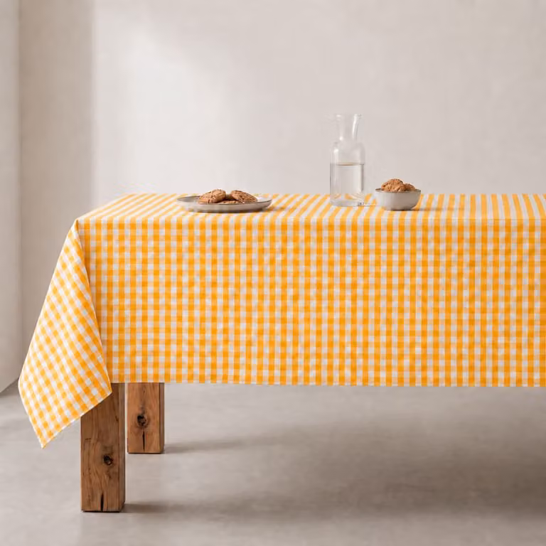 Mantel rectangular de cuadros vichy GAMUSI impermeable y antimanchas color amarillo An/P/Al: 140 x 300 cm