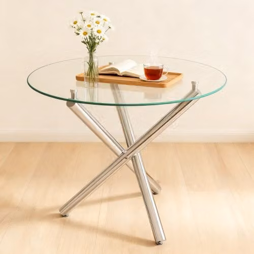 Mesa de comedor redonda OKWISH con tablero de vidrio templado transparente y base de metal plateada en forma de cruz, An/P/Al: 80 x 80 x 76 cm