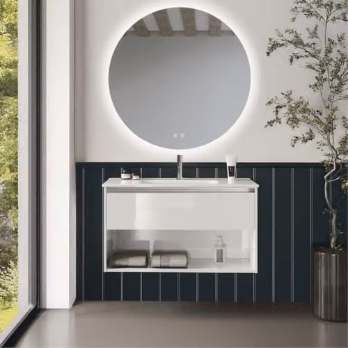Mueble de baño suspendido B BAÑO TOTAL con lavabo cerámico, acabado blanco brillo y diseño moderno con cajón y estante abierto, An: 100 cm, Al: 45 cm, P: 55 cm