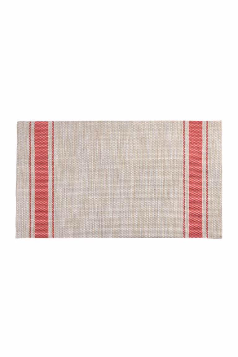 Alfombra Calma House de diseño a rayas en rojo y beige, fabricada con material reciclado y repelente a las manchas, An/P: 30 x 45 cm