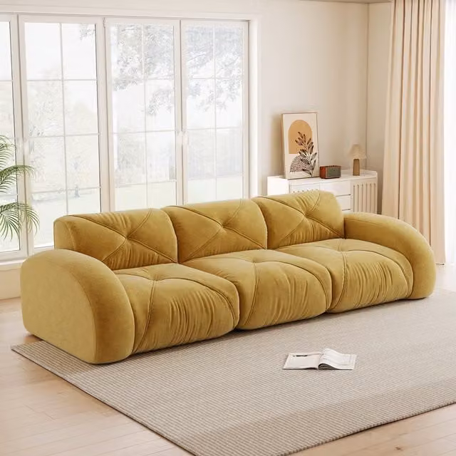Sofá modular extragrande de tres plazas KELLANY en tejido de chenilla color amarillo para salón
