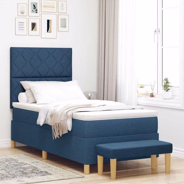 Cama tipo box spring con cabecera azul Maison Exclusive de tela y madera An/P/Al: 190 x 90 x 128 cm