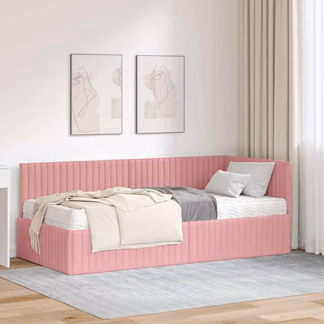 Estructura de cama de esquina con 2 colchones Maison Exclusive en color rosa y acabado de terciopelo, An/P/Al: 90 x 190 x 72 cm