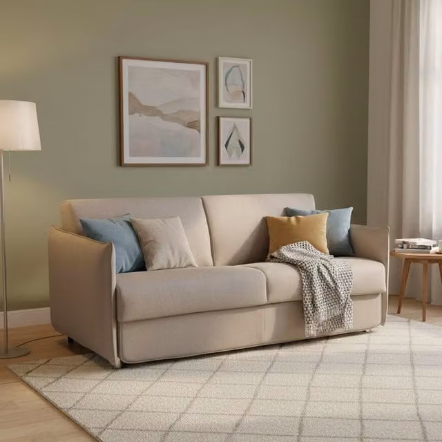 Sofá cama de 2 plazas Follina de DMORA, desenfundable con almacenamiento y apertura abatible, color gris topo, An/P/Al: 160 x 95 x 45 cm