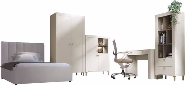 Conjunto de dormitorio moderno Mormavu 116 de MOBILIER1 en madera de roble con iluminación integrada, incluye cama de 120 x 200 cm, armario y tocador en color marrón y blanco