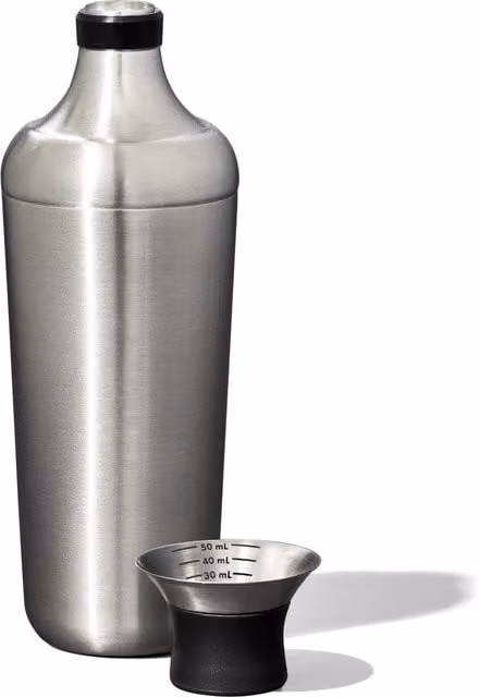 Coctelera redonda Oxo de acero inoxidable y silicona, resistente a fugas y apta para lavavajillas, color plata y negro