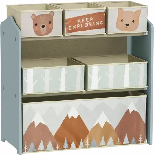 Estantería infantil organizadora de juguetes Zonekiz con 6 cajas de tela no tejida, diseño animal print en colores verde y multicolor, An/P/Al: 63 x 30 x 66 cm