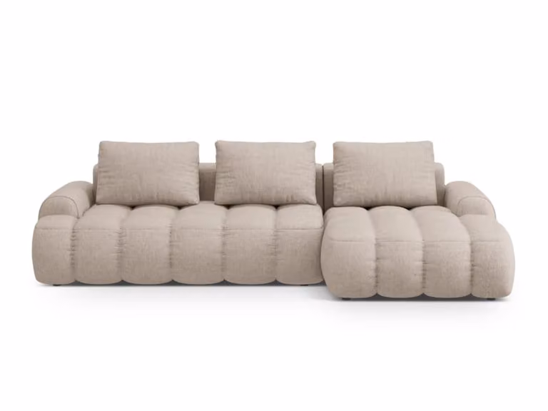 Sofá cama esquinero derecho Cosmopolitan Design con baúl de 3 plazas en color arena y tejido liso, An/P/Al: 220 x 140 x 125 cm