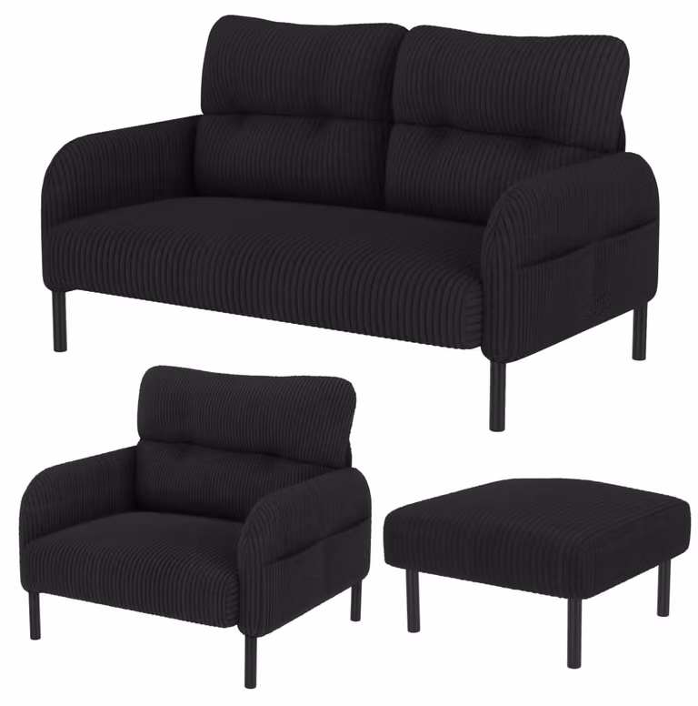 Conjunto de salón moderno OKWISH con sofá de 2 plazas, sillón y taburete en tejido de pana negro An/P/Al: 120 x 75 x 79 cm