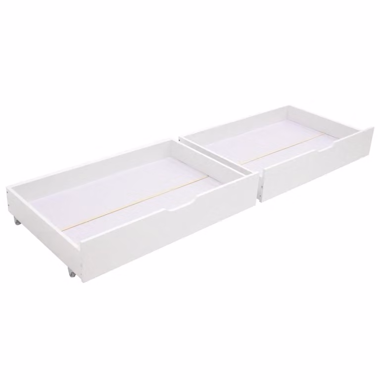 Juego de 2 cajones de madera sólida Happy Garden en color blanco con ruedas para guardar bajo la cama de 190x90 cm
