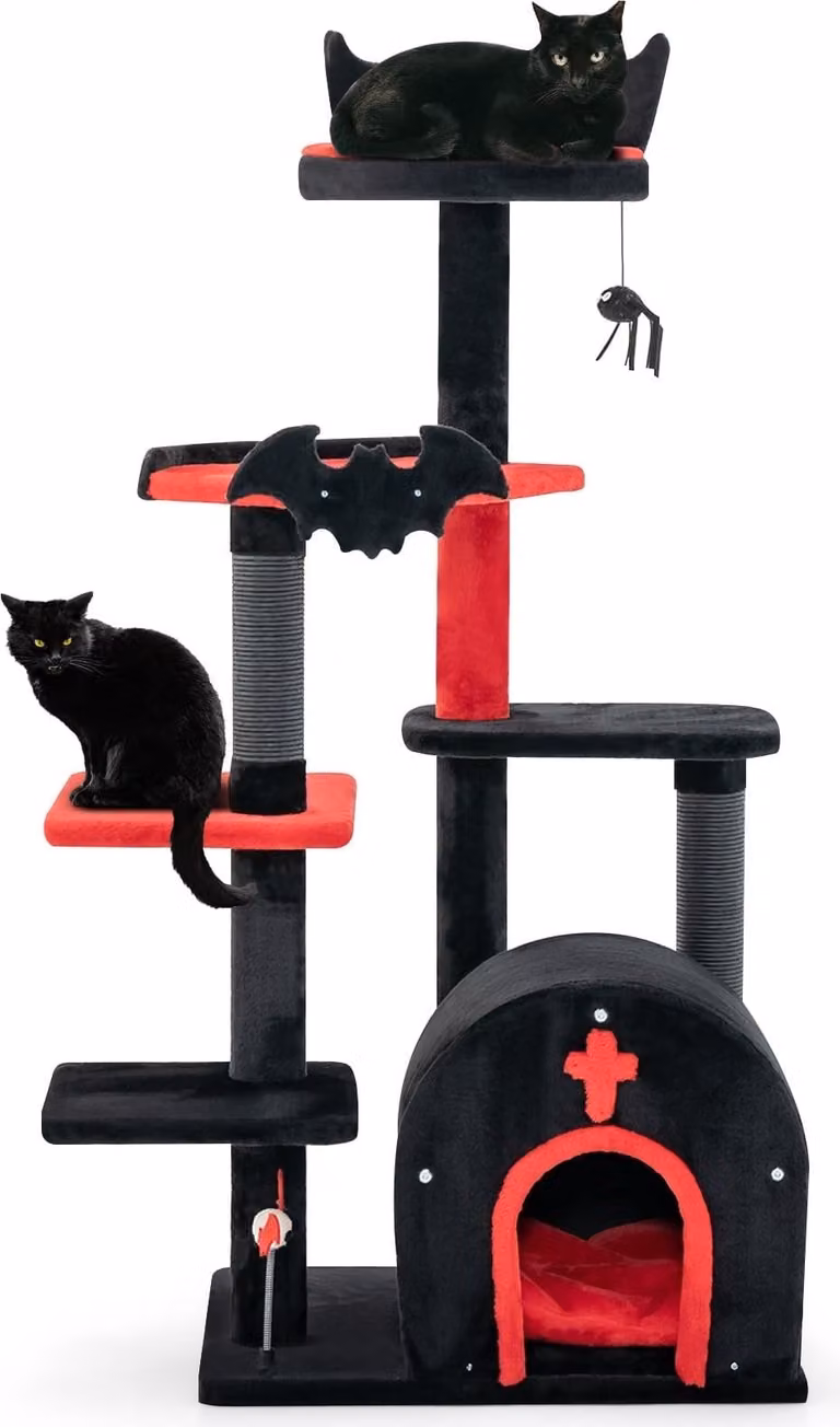Árbol para gatos de estilo gótico Northix con juguetes integrados y acabado textil en negro y multicolor, Altura: 134 cm