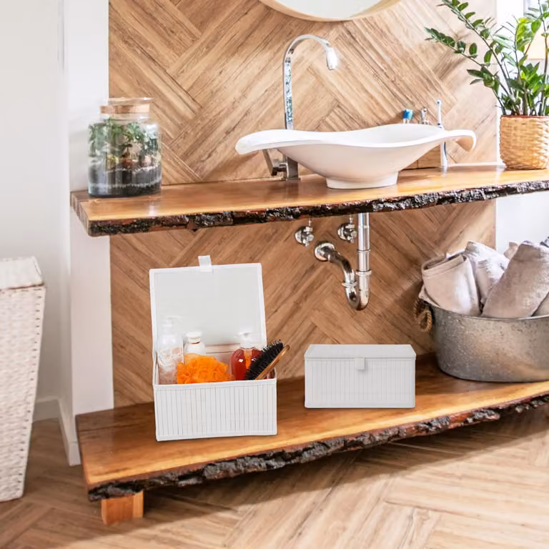 Juego de 2 cajas de almacenamiento de bambú y textil con tapa de Northix en colores beige o blanco para baño, dormitorio o salón