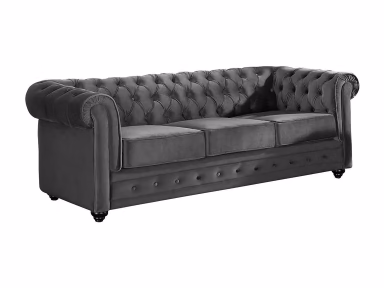 Sofá Chesterfield de 3 plazas de VENTE-UNIQUE en terciopelo gris antracita con estructura de madera sólida y fundas removibles. An/P/Al: 205 x 88 x 72 cm.
