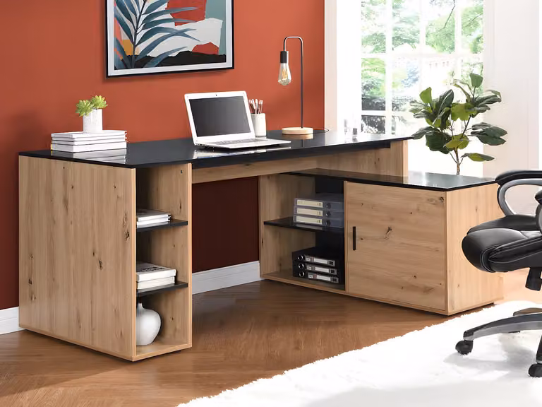 Escritorio rinconera moderno VENTE-UNIQUE con compartimentos en MDF, color beige y negro, An/P/Al: 134 x 120 x 76 cm
