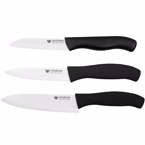 Juego de 3 cuchillos de cerámica Gräwe con cuchillo de chef y de pelar en blanco y negro