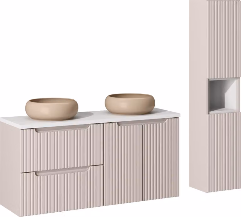 Conjunto de mueble de baño moderno con mueble bajo y columna de DMK en color beige y blanco, An/P/Al: 120 x 40 x 82 cm
