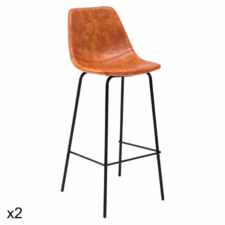 Pack de 2 taburetes de bar vintage Happy Garden en polipiel naranja y negro con estructura de metal y altura de 75 cm