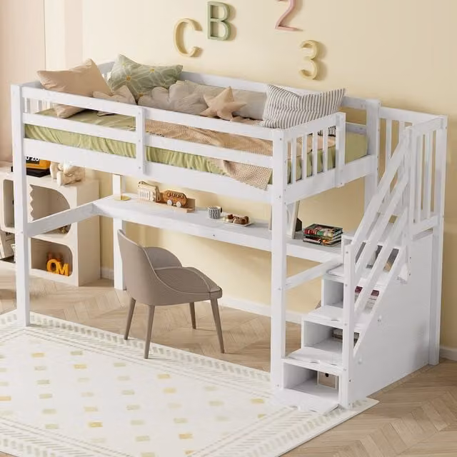 Cama alta infantil MODENVIE de pino lacado en blanco con escalera de almacenamiento, cajones y estante, An/P/Al: 200 x 90 x 147,5 cm