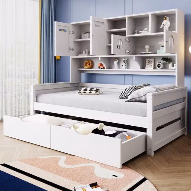 Sofá Cama de Madera Kellany con Cajón de Almacenamiento Multifuncional, Cama Individual Juvenil con Somier de Láminas, Color Blanco, An/P/Al: 90 x 200 x 66.8 cm (sin colchón)