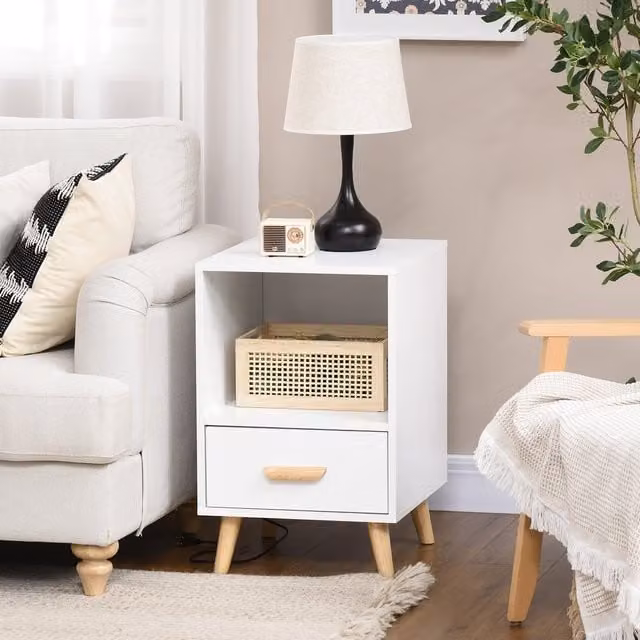 Mesilla de noche Homcom de estilo escandinavo con un cajón y compartimento de almacenamiento, fabricada en madera de caucho y MDF, color blanco, An/P/Al: 40 x 40 x 62 cm