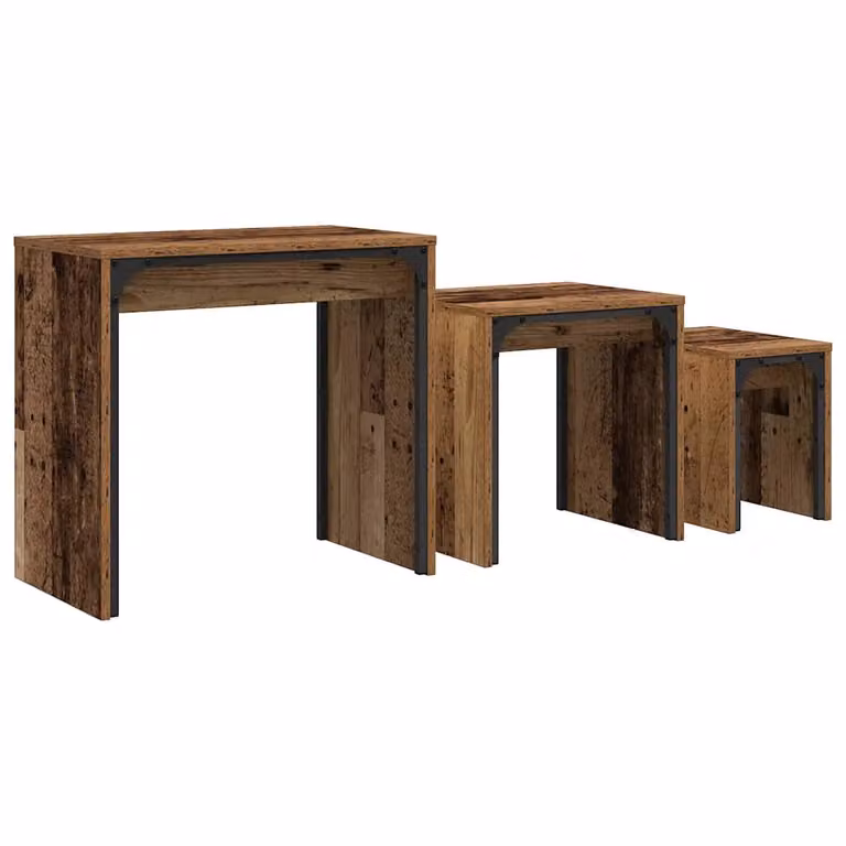 Set de 3 mesas de café vidaXL de madera recuperada y metal en color marrón, An/P/Al: 60 x 35 x 56 cm