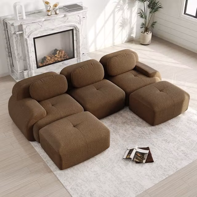 Sofá Modular en U DREAMMESPACE de Terciopelo Acanalado Marrón con Espuma de Alta Densidad, An/P/Al: 298 x 178 x 75 cm