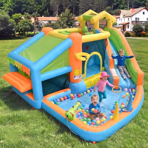 Castillo hinchable WISHDOR multicolor para niños con tobogán, piscina, canasta y cocina de juego, incluye soplador de 580 W, An/P/Al: 360 x 350 x 210 cm