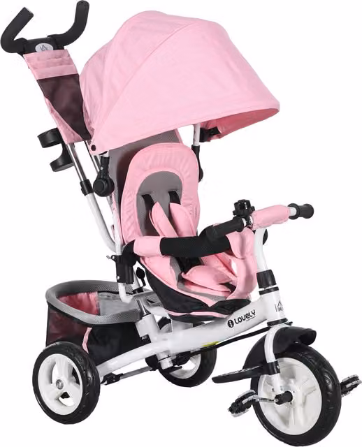 Triciclo para bebés HOMCOM con mango de empuje telescópico, bolso desmontable y portabotellas en color rosa para mayores de 12 meses